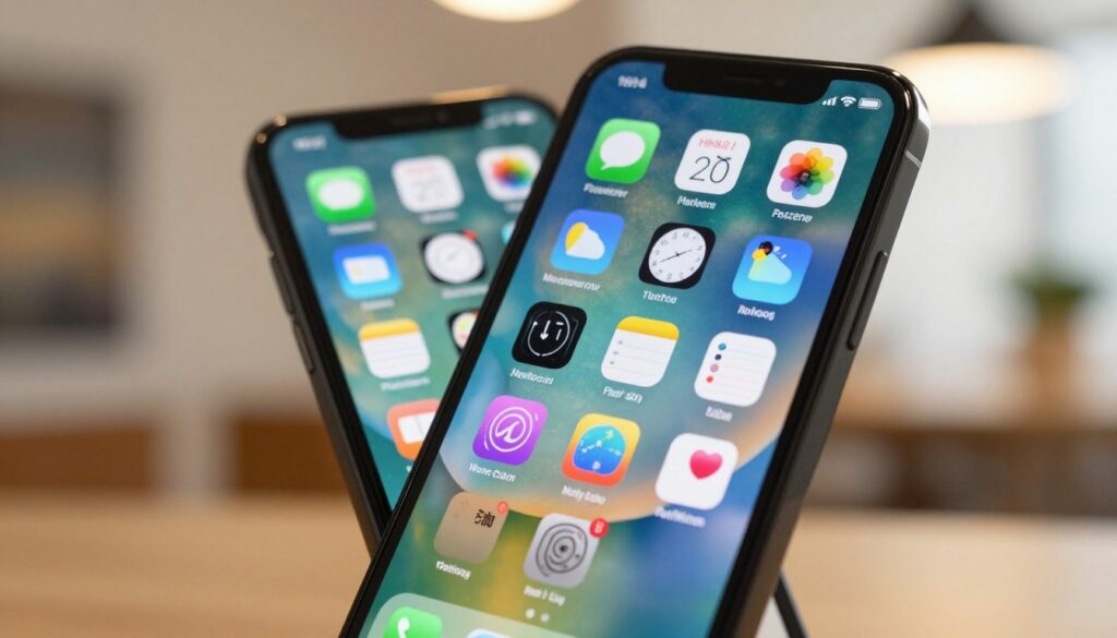 A clean and organized iPhone home screen filled with neatly arranged app icons showcasing a variety of colorful applications, such as messaging, social media, and productivity tools. The foreground features the iPhone clearly displayed, angled slightly to reveal a well-organized app layout. In the middle ground, soft focus highlights the app icons, emphasizing a sense of order and accessibility. The background is a subtle, blurred interior space with warm, inviting lighting to create a cozy atmosphere. The overall mood is one of simplicity and efficiency, perfect for illustrating how to organize apps for convenience and orderliness. The image should be sharp with vibrant colors, emphasizing the modern design of the iPhone.