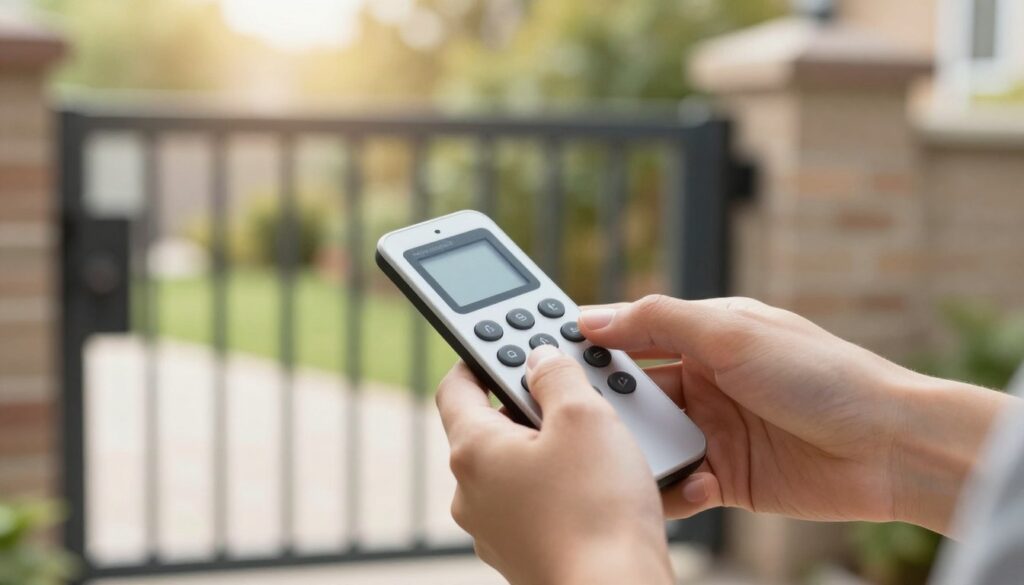 A close-up image of a pair of hands programming a modern Wiśniowski gate remote control. The hands are shown manipulating the buttons on the sleek, contemporary device, with focused attention. In the foreground, there is a clear view of the remote, showcasing its features and buttons. The middle ground features a blurred outline of a residential gate in the process of being activated, hinting at the context. The background is softly illuminated with warm, natural light, suggesting a comfortable home environment, with hints of greenery outside through a window. The overall mood is one of efficiency and ease, conveying a step-by-step process. Utilize a shallow depth of field to draw focus to the remote control.