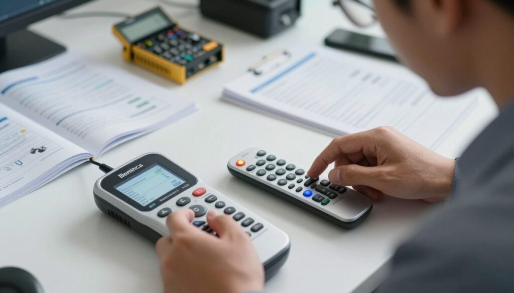 A close-up scene illustrating the process of cloning a Beninca remote control. In the foreground, a professional technician in business attire is attentively using a programmer device, fingers poised over buttons, focused on the digital display showing data transfer. The middle layer features a sleek, modern Beninca remote control alongside the programmer tool, with a glowing LED indicator signaling successful cloning. In the background, an organized workspace is filled with technical manuals, tools, and electronic components under soft, diffused lighting that creates a focused yet serene atmosphere. The image captures a sense of precision and professionalism, emphasizing the meticulous nature of remote control programming.