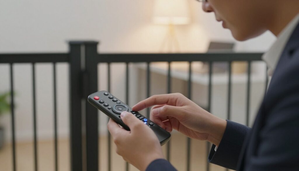 A close-up scene of a person programming a universal gate remote control, focused on their hands delicately manipulating buttons. In the foreground, the remote is clearly displayed with its sleek design and illuminated buttons. The person is dressed in professional attire, showcasing a focused expression as they lean slightly forward, analyzing their smartphone or a user manual for guidance. The middle ground features a home gate partially visible, suggesting the connection to the remote. In the background, there’s a softly lit indoor setting, maybe a minimalist home office with a faint glow from a desk lamp creating a warm, inviting atmosphere. The image should convey a sense of practicality and diligence, highlighting the technical process of programming the remote.