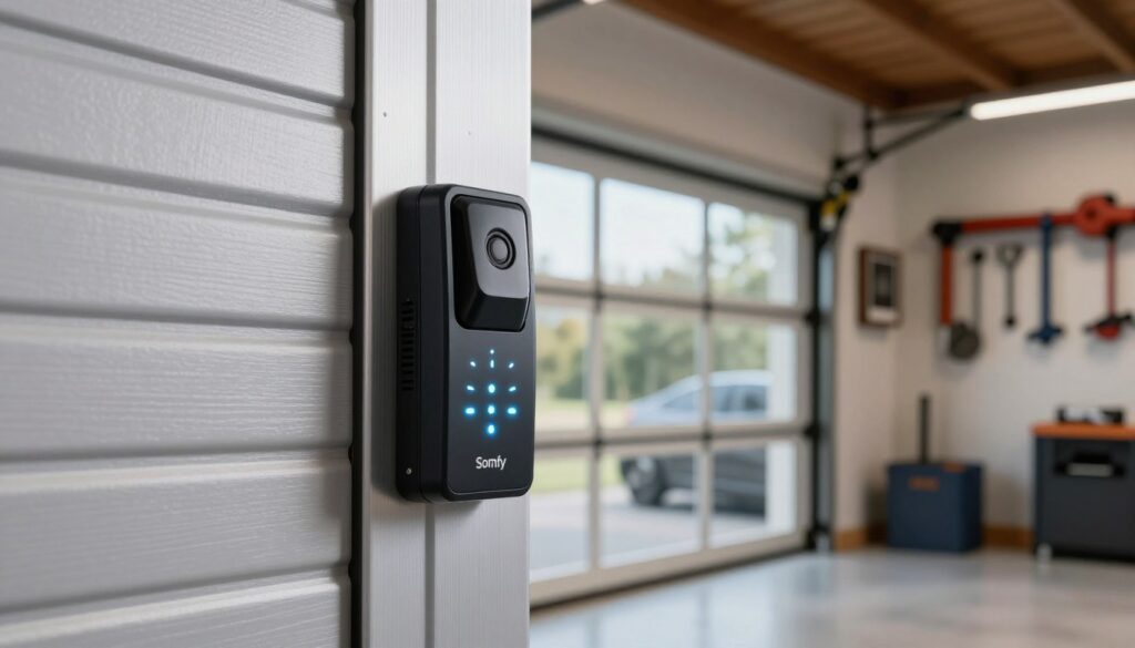 A close-up view of a Somfy garage door opener system installed in a modern garage setting. The foreground features the garage door opener mechanism, showcasing its sleek design and control panel with glowing LED indicators. In the middle ground, a partially closed, high-quality garage door made of aluminum and glass can be seen, reflecting natural light. The background includes a well-organized garage with tools neatly arranged on walls, adding a sense of order and functionality. The scene is illuminated with soft, even lighting, creating an inviting and efficient atmosphere, ideally captured from a slightly low angle to emphasize the technology. The mood is professional and instructional, perfect for a technical setup illustration. A close-up view of a Somfy garage door opener system installed in a modern garage setting. The foreground features the garage door opener mechanism, showcasing its sleek design and control panel with glowing LED indicators. In the middle ground, a partially closed, high-quality garage door made of aluminum and glass can be seen, reflecting natural light. The background includes a well-organized garage with tools neatly arranged on walls, adding a sense of order and functionality. The scene is illuminated with soft, even lighting, creating an inviting and efficient atmosphere, ideally captured from a slightly low angle to emphasize the technology. The mood is professional and instructional, perfect for a technical setup illustration.