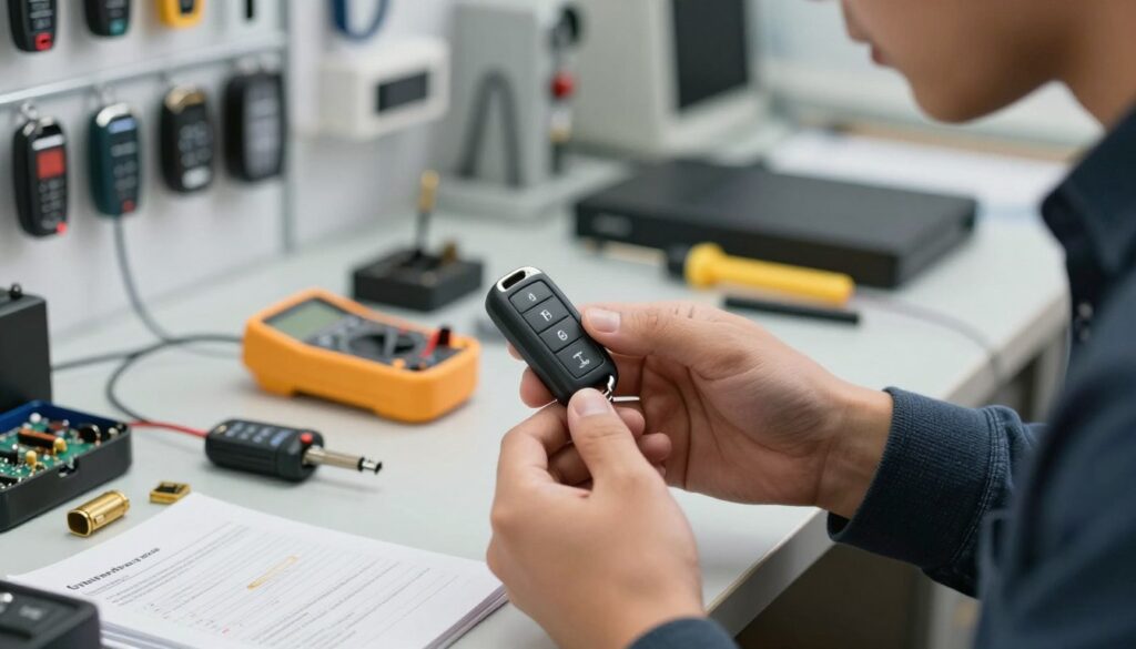 A close-up view of a VW key fob being adapted in a well-lit, modern workshop. In the foreground, the key fob, showing intricate details of its buttons and electronic components, is held by a technician in smart casual attire. The middle ground features a workbench cluttered with tools such as a soldering iron, multimeter, and small electronic parts, emphasizing the technical nature of the task. The background is blurred but reveals shelves lined with car accessories and manuals related to key programming. Soft, natural lighting creates a warm atmosphere, highlighting the precision and care involved in adapting the key fob. The scene captures a sense of focus and expertise in the automotive technology field.