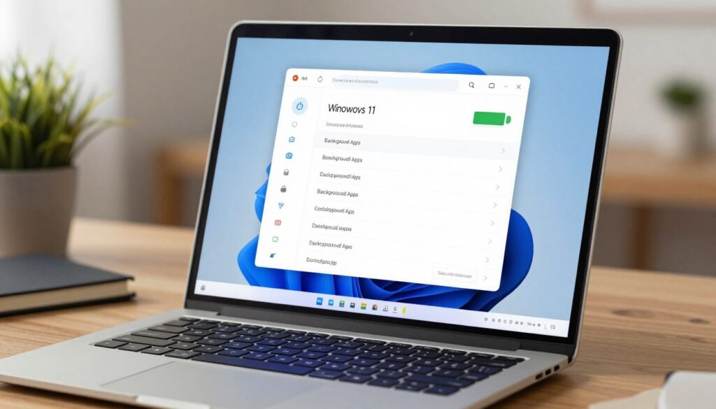 A close-up view of a Windows 11 laptop screen displaying the battery and power settings interface, with a user hovering over options to disable background apps. In the foreground, a sleek laptop with a modern design sits on a wooden desk, highlighting the screen's blue and white color scheme. Soft, diffused lighting illuminates the scene, creating a calm and focused atmosphere. In the background, a cozy home office environment is subtly blurred, featuring a potted plant and notebooks, enhancing the professional mood without distraction. The angle captures the screen clearly, showcasing the settings with emphasis on clarity and usability, inviting the viewer to understand the interface effortlessly. A close-up view of a Windows 11 laptop screen displaying the battery and power settings interface, with a user hovering over options to disable background apps. In the foreground, a sleek laptop with a modern design sits on a wooden desk, highlighting the screen's blue and white color scheme. Soft, diffused lighting illuminates the scene, creating a calm and focused atmosphere. In the background, a cozy home office environment is subtly blurred, featuring a potted plant and notebooks, enhancing the professional mood without distraction. The angle captures the screen clearly, showcasing the settings with emphasis on clarity and usability, inviting the viewer to understand the interface effortlessly.