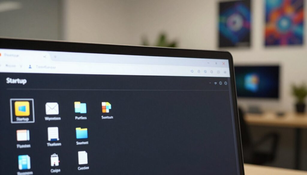 A close-up view of a Windows operating system interface, prominently featuring the "Startup" tab from the Task Manager. The foreground showcases neatly organized application icons, such as a web browser, email client, and productivity software, each with a clear visual cue indicating their autostart status. In the middle, a slightly blurred depiction of the Task Manager window highlights its sleek user interface against a dark mode aesthetic, with emphasis on vibrant colors to grab attention. The background indicates a softly lit modern office environment, with a computer desk and abstract technology posters, creating a professional atmosphere. Soft ambient lighting enhances the sleek look of the interface, suggesting a focus on productivity and efficiency.