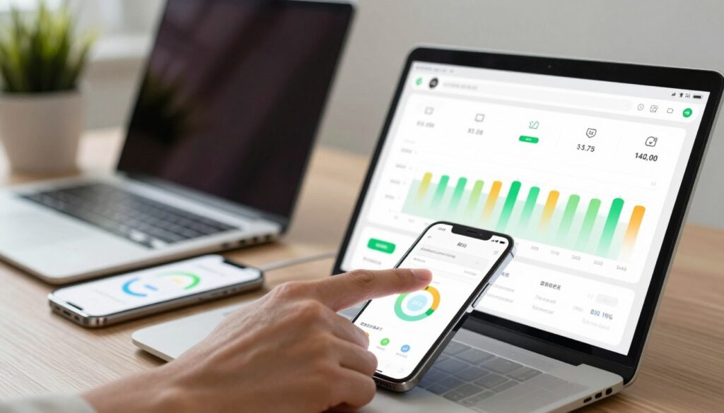 A close-up view of a digital device screen showcasing a detailed battery monitoring application, with vibrant graphs and statistics displaying battery usage by various apps. In the foreground, focus on a hand interacting with the screen, tapping on a specific application to view its battery consumption. In the middle ground, an elegantly designed workspace with a modern laptop and smartphone connects, featuring soft ambient lighting that suggests productivity. The background shows a subtle blur of an office environment with greenery, creating a calm and focused atmosphere. Use natural lighting to enhance clarity and bring out colors. The mood is professional and informative, capturing the essence of battery analysis and monitoring tools.