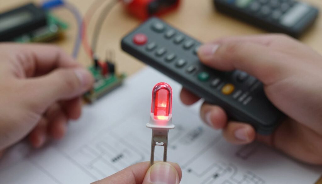 A close-up view of a glowing LED diode, prominently displayed in the foreground, showcasing its intricate electronic components. The LED should be illuminated in a vibrant red color, with soft light reflecting off its surface, creating a warm and inviting atmosphere. In the middle ground, a pair of hands is carefully holding a remote control aimed at the diode, suggesting an interaction that symbolizes troubleshooting. The background features a blurred workspace filled with various technical tools and circuit diagrams, hinting at electronic repair or programming. The overall mood is focused and determined, emphasizing the theme of problem-solving. The lighting is soft yet clear, ensuring all details of the LED and the surrounding elements are visible.
