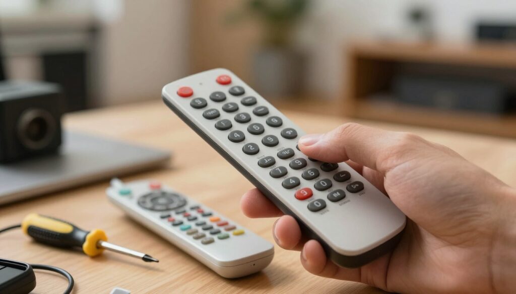 A close-up view of a hand holding a modern wireless transmitter, poised over an original remote control, showcasing the process of code copying. The foreground features a clear, well-lit focus on the transmitter's sleek design and buttons, contrasting with the older remote control's worn features. In the middle, a soft-focus workspace is visible, adorned with tools like a small screwdriver and cables, hinting at a technical setting. The background fades into a blurred home environment, with subtle hints of a garage or workshop. Warm, natural lighting creates an inviting atmosphere, emphasizing the precision required in this coding process. The overall mood is technical yet accessible, perfect for illustrating a guide on remote programming.