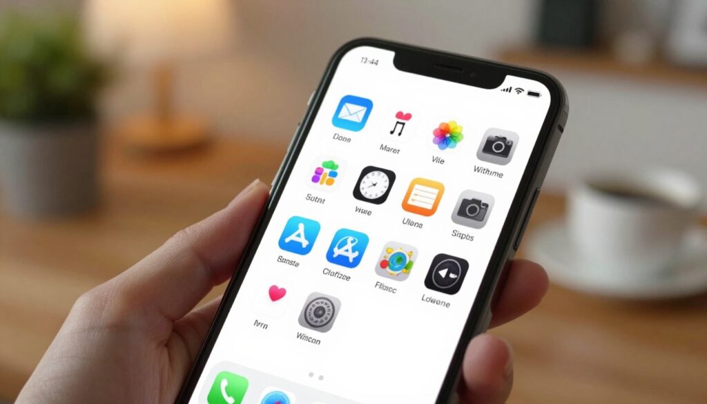 A close-up view of a modern iPhone screen displaying a neatly organized list of installed applications. The foreground features the iPhone held in a hand, showcasing a vibrant and user-friendly interface. In the middle, the screen clearly shows various app icons, with a focus on commonly used applications like social media, productivity, and entertainment. The background is softly blurred, providing a cozy home environment with warm, ambient lighting, perhaps a wooden table and a few decorative items like a plant or a coffee cup. The overall mood is professional and tech-savvy, reflecting a theme of organization and ease of access in using technology. A close-up view of a modern iPhone screen displaying a neatly organized list of installed applications. The foreground features the iPhone held in a hand, showcasing a vibrant and user-friendly interface. In the middle, the screen clearly shows various app icons, with a focus on commonly used applications like social media, productivity, and entertainment. The background is softly blurred, providing a cozy home environment with warm, ambient lighting, perhaps a wooden table and a few decorative items like a plant or a coffee cup. The overall mood is professional and tech-savvy, reflecting a theme of organization and ease of access in using technology.