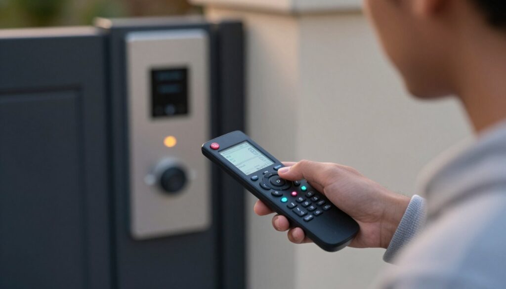 A close-up view of a person in smart casual attire programming a universal remote control for a gate. In the foreground, the individual is focused, using a small screen to input settings, with fingers positioned on the buttons of the remote. In the middle, there's a sleek remote control with glowing LED lights indicating different functions. The background features a modern gate control unit, subtly illuminated to emphasize its technology, with soft lighting casting a warm glow, creating a professional atmosphere. The camera angle is slightly tilted to capture the intricate details of both the remote and control unit, enhancing the visual depth and engagement. The scene feels informative and hands-on, reflecting a tutorial-like mood.
