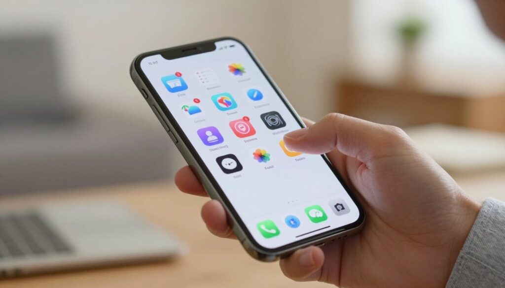 A close-up view of a smartphone screen displaying a neatly organized array of applications. In the foreground, the screen is clear and well-lit, revealing colorful app icons arranged by category, such as social media, productivity, and entertainment. The middle ground features a person's hand elegantly swiping across the screen, showcasing a casual yet professional appearance, wearing a neat shirt. The background is softly blurred, suggesting a cozy indoor environment, perhaps a well-lit home office or living room, with subtle hints of modern decor. The lighting is warm and inviting, creating an atmosphere of convenience and orderliness reflecting the subject of app organization.