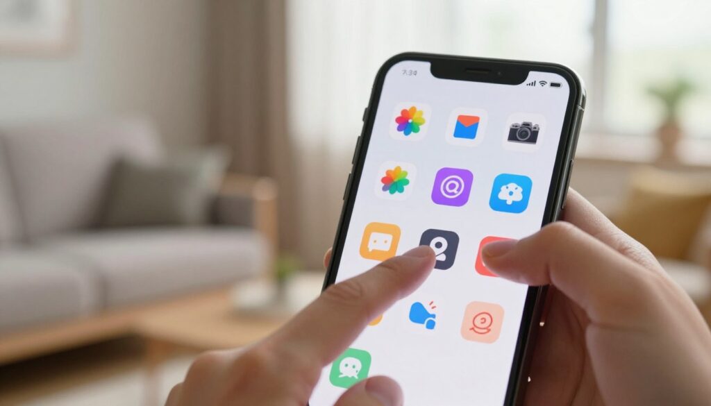 A close-up view of a smartphone screen displaying a vibrant app gallery, showcasing various colorful app icons. The foreground features a hand reaching towards the screen, poised to tap on an app icon, symbolizing interaction. In the middle ground, a blurred background of a cozy living room, softly lit with warm, natural light filtering through a nearby window. The atmosphere is friendly and inviting, emphasizing the simplicity of adding apps to the home screen. The screen should appear crisp and modern, with clear details of the app icons and the user's hand depicted in professional attire. The angle is slightly above the phone, capturing both the smartphone’s interface and the user's interaction.