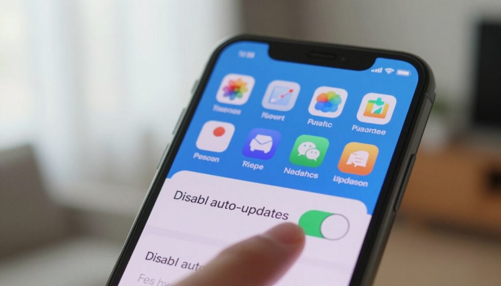 A close-up view of a smartphone screen displaying the settings menu for disabling automatic updates of a specific app. The foreground features a finger gently tapping on a toggle switch labeled "Disable auto-updates" with a sleek modern smartphone design. The middle ground shows the vibrant app icons, emphasizing the chosen app for which the updates will be disabled. In the background, a blurred home setting filled with soft natural light filtering through sheer curtains, creating a calm and focused atmosphere. The image is captured from a slightly elevated angle, giving it an informative yet inviting feel, ideal for a technology how-to guide. The color palette is soft, with blues and whites dominating, reflecting a clean and user-friendly interface. A close-up view of a smartphone screen displaying the settings menu for disabling automatic updates of a specific app. The foreground features a finger gently tapping on a toggle switch labeled "Disable auto-updates" with a sleek modern smartphone design. The middle ground shows the vibrant app icons, emphasizing the chosen app for which the updates will be disabled. In the background, a blurred home setting filled with soft natural light filtering through sheer curtains, creating a calm and focused atmosphere. The image is captured from a slightly elevated angle, giving it an informative yet inviting feel, ideal for a technology how-to guide. The color palette is soft, with blues and whites dominating, reflecting a clean and user-friendly interface.