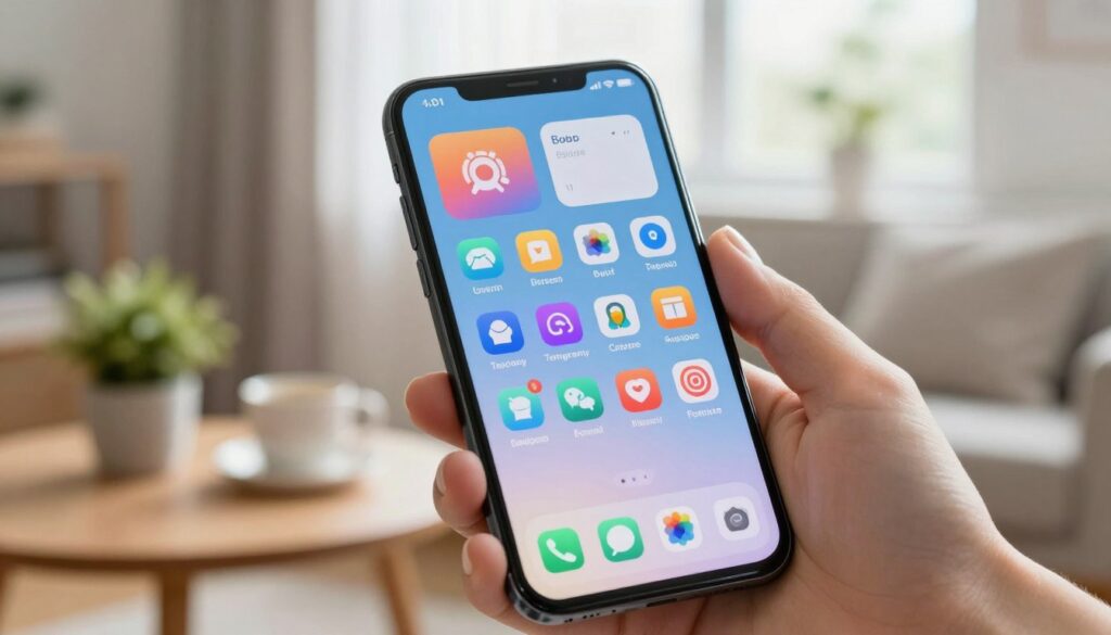 A close-up view of a smartphone screen displaying various vibrant app icons on an Android device. The foreground features a sleek black phone held by a hand with well-groomed nails, showcasing the app icons prominently. The middle layer shows a blurred background of a cozy home environment, with soft natural light filtering through a window, highlighting the phone's screen. The background includes a wooden table with a small plant and a coffee mug, adding to the inviting atmosphere. The image conveys a sense of excitement and anticipation around customizing app icons, emphasizing personal expression through technology. The overall mood is modern and engaging, inviting users to explore their options.