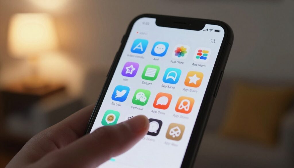 A close-up view of an iPhone displaying the App Store interface, showcasing a vibrant collection of app icons, elegantly arranged on the screen. In the foreground, there’s a hand gently tapping the screen, suggesting user interaction. The middle layer features the App Store’s colorful layout, highlighting popular apps and categories with vibrant colors like blue, green, and orange. The background is softly blurred to create a sense of depth, with a cozy home environment, including a warm light from a lamp giving a welcoming glow. The mood is warm and inviting, evoking a sense of technology and accessibility. Lighting is soft and slightly diffused to enhance the focus on the iPhone and create a modern, friendly atmosphere, shot from a slightly angled perspective to emphasize the device and app interaction. A close-up view of an iPhone displaying the App Store interface, showcasing a vibrant collection of app icons, elegantly arranged on the screen. In the foreground, there’s a hand gently tapping the screen, suggesting user interaction. The middle layer features the App Store’s colorful layout, highlighting popular apps and categories with vibrant colors like blue, green, and orange. The background is softly blurred to create a sense of depth, with a cozy home environment, including a warm light from a lamp giving a welcoming glow. The mood is warm and inviting, evoking a sense of technology and accessibility. Lighting is soft and slightly diffused to enhance the focus on the iPhone and create a modern, friendly atmosphere, shot from a slightly angled perspective to emphasize the device and app interaction.