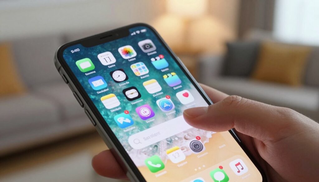 A close-up view of an iPhone’s home screen displaying the Spotlight search feature activated. The foreground showcases a sleek iPhone held by a hand, with the screen brightly illuminated, revealing a vibrant app interface filled with various colorful app icons. In the middle ground, the user’s fingers are interacting with the screen, typing in the search bar, with a subtle focus on the search results appearing below indicating different apps. The background is softly blurred, featuring a cozy living space, like a modern living room with soft lighting that creates a warm, inviting atmosphere. The shot is captured from a slightly low angle, emphasizing the iPhone while maintaining an unobtrusive and professional feel, ideal for illustrating the tech-savvy nature of using an iPhone. The mood is dynamic yet professional.