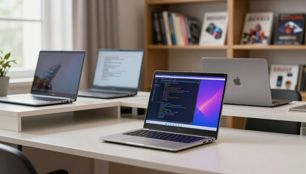 A cost-effective laptop set on a sleek, modern desk in a cozy workspace. In the foreground, the laptop is open, showcasing its vibrant screen with code running, symbolizing programming use. The middle ground features a row of budget-friendly laptops on a stylish shelf, each differing in design but all displaying a quality appearance. The background includes a softly blurred view of bookshelves filled with programming books and tech magazines, adding to the atmosphere. Soft, natural lighting filters in through a window, creating a warm and inviting space. The overall mood is focused and productive, aiming to reflect the practicality and appeal of choosing affordable laptops for programming tasks.