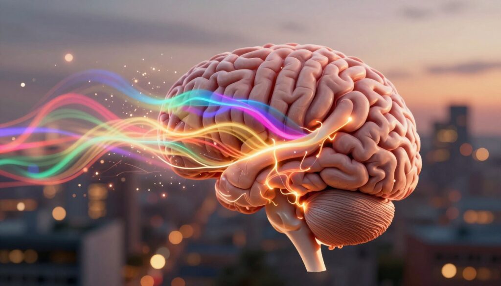 A detailed, abstract representation of the human brain engaging dynamically with a swirl of colorful sensory stimuli, symbolizing active perception. In the foreground, a detailed brain is illustrated with synapses firing, emitting light to show activity. The middle layer features vibrant waves of sound, light, and color that represent various stimuli interacting with the brain, portraying energy and motion. In the background, a soft-focus cityscape at dusk, illuminated with warm lights, symbolizes the complexity of the environment surrounding the brain. The lighting is warm and inviting, with a slight glow emanating from the brain, creating an atmosphere of intrigue and intelligence. The composition should have a depth of field, focusing sharp on the brain and softly fading out as it reaches the background, evoking a sense of exploration and discovery. A detailed, abstract representation of the human brain engaging dynamically with a swirl of colorful sensory stimuli, symbolizing active perception. In the foreground, a detailed brain is illustrated with synapses firing, emitting light to show activity. The middle layer features vibrant waves of sound, light, and color that represent various stimuli interacting with the brain, portraying energy and motion. In the background, a soft-focus cityscape at dusk, illuminated with warm lights, symbolizes the complexity of the environment surrounding the brain. The lighting is warm and inviting, with a slight glow emanating from the brain, creating an atmosphere of intrigue and intelligence. The composition should have a depth of field, focusing sharp on the brain and softly fading out as it reaches the background, evoking a sense of exploration and discovery.