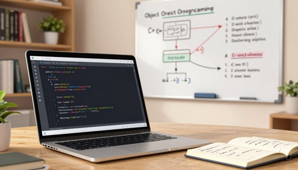 A detailed and engaging illustration depicting the fundamentals of C++ programming. In the foreground, an open laptop displays intricate lines of C++ code on a sleek, modern screen. Beside it, a notebook filled with handwritten notes, highlighting key concepts such as syntax, loops, and functions. In the middle ground, a whiteboard filled with diagrams showcasing object-oriented programming, variables, and data types, all clearly organized. The background features a warmly lit study environment with shelves filled with programming books and potted plants, creating a cozy yet professional atmosphere. The lighting is soft and inviting, emphasizing a sense of focus and inspiration, while a slight depth of field adds a touch of elegance.