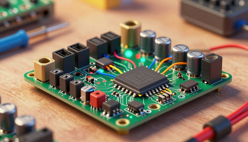 A detailed and technical illustration showcasing the connection of an ESP8266 module. In the foreground, focus on the ESP8266 chip connected to various components like a power supply, capacitors, and resistors, with clear wiring in bright, vibrant colors. The middle layer illustrates the circuit board with neatly arranged connectors and ports, highlighting the 3.3V power supply with glowing indicators. In the background, softly blurred electronics tools and a workspace setting, illuminated by warm, inviting light to create a professional atmosphere. The camera angle is slightly overhead, capturing the intricate details of the setup while evoking a sense of precision and focus on electronics programming and safety.