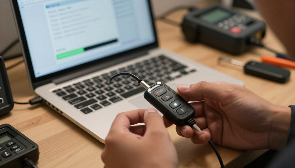 A detailed close-up shot of a programming key fob being reprogrammed, showcasing a technician's hands skillfully manipulating the device. In the foreground, focus on the key fob with its buttons and LED indicator, glistening under soft, warm lighting that enhances its modern design. The middle ground features a laptop connected to a diagnostic tool, displaying a progress bar on the screen, symbolizing the programming process. The background is a softly blurred workbench cluttered with tools and electronics, creating a workspace atmosphere. The overall mood is professional and focused, evoking a sense of precision and expertise in the procedure. The angle is slightly above the table, providing clarity on both the key fob and the laptop screen, inviting viewers into the programming experience.