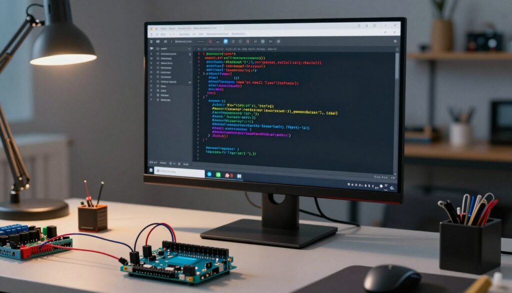 A detailed close-up view of the Arduino IDE interface on a sleek computer monitor, showcasing an open project file with code snippets and colorful syntax highlighting. The foreground features a neatly organized workspace with an Arduino board, wires, and tools, reflecting an electronics prototyping environment. In the middle, the monitor displays the IDE clearly, surrounded by a stylish desk with a faint glow from a desk lamp, casting soft shadows. The background fades into a blurred workshop setting, hinting at shelves filled with components and gadgets. The atmosphere is focused and inspiring, highlighting a casual yet professional vibe perfect for creative coding and electronics enthusiasts. The scene is well-lit, evoking a sense of innovation and technical exploration.