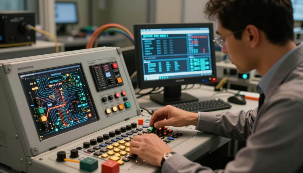 A detailed, high-tech control panel of the BRAIN 592, prominently featuring the intricate circuitry and buttons. In the foreground, a close-up of a professional technician in business attire, focused and engaged in adjusting the settings on the control panel, surrounded by various tools for programming. The middle ground showcases a glowing digital display with settings and parameters specific to the Genius G-Bat 300, illuminated in soft blue light. In the background, blurred images of cables and machinery hint at a sophisticated electronics workshop. Warm, ambient lighting creates a focused atmosphere, highlighting the technological precision of the scene. The angle captures the action dynamically, emphasizing the technician's expertise in programming the control system.