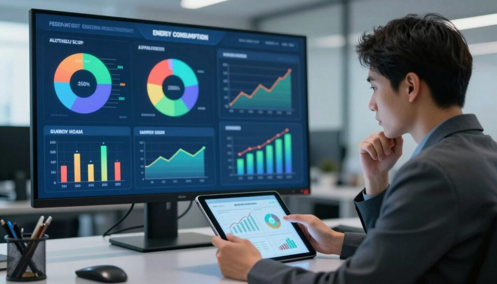 A detailed illustration of energy consumption statistics, featuring a sleek, modern digital dashboard displaying vibrant graphs and charts. In the foreground, a user engaged with the dashboard on a tablet, wearing professional business attire, looking thoughtfully at the data. The middle ground includes a large screen showcasing various colorful pie charts and line graphs representing battery usage by different applications. In the background, an office environment with soft lighting that creates a calm and focused atmosphere. The overall mood should be analytical and informative, with a cool color palette of blues and greens to symbolize energy efficiency. The image captures the essence of interpreting energy consumption data in a professional setting.
