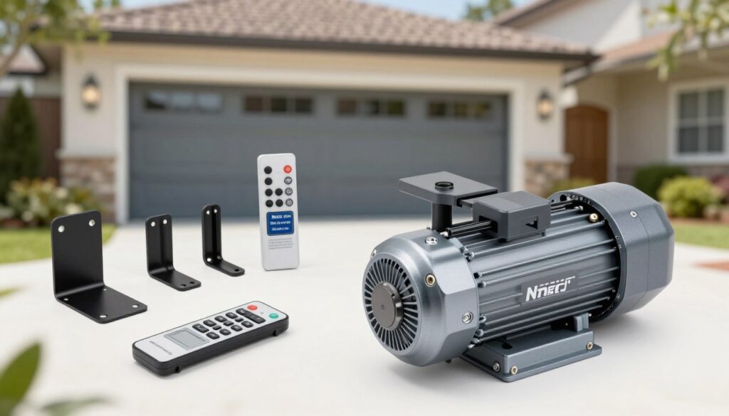 A detailed illustration of the Nice Robus 600 actuator set, displayed prominently in the foreground. The actuator features a robust design with metallic finishes and includes essential components like the motor and control unit, positioned for clear visibility. In the middle ground, showcase various accessories associated with the Nice Robus 600, such as mounting brackets and remote controls, arranged artistically to highlight their compatibility. The background features a blurred scene of a residential garage or gate setup, giving context to the installation environment. Use natural lighting to create a bright, inviting atmosphere, with soft shadows that enhance the textures. Capture the image from a slightly elevated angle to provide depth and perspective, ensuring the focus remains on the actuator and its accessories. The overall mood should convey professionalism and reliability.