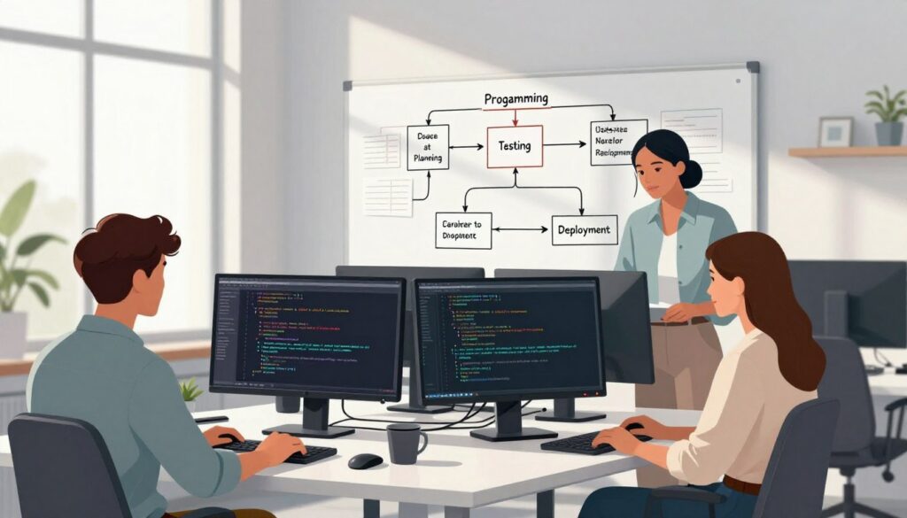 A detailed illustration of the software development process, featuring a diverse group of three professionals actively collaborating in a modern office environment. In the foreground, a male programmer and a female designer are seated at a sleek desk, reviewing code on multiple monitors. The middle ground showcases a whiteboard filled with flowcharts and diagrams illustrating the steps of programming: planning, coding, testing, and deployment. The background reveals large windows letting in natural light, creating a bright and inviting atmosphere. Soft shadows cast across the workspace enhance the depth. The characters wear smart casual clothing, exuding professionalism. The image captures a sense of teamwork, creativity, and focus, embodying the essence of the programming process step by step.
