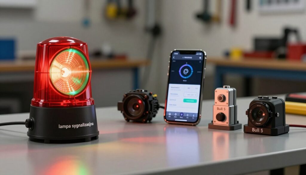 A detailed, realistic depiction of a "lampa sygnalizacyjna" (signal lamp) for the Beninca Bull 5 system. In the foreground, the bright signal lamp is illuminated, showcasing its vibrant red and green lights that pulsate softly, casting reflections on a polished surface. In the middle ground, display relevant accessories such as a smartphone with a sleek user interface showing remote control options, and additional components of the Bull 5 system, arranged neatly. The background features a blurred workshop setting, hinting at a professional environment with tools and equipment subtly out of focus. The lighting is warm and inviting, emphasizing the technical nature of the subject while creating a sense of innovation and efficiency. The overall mood is informative and contemporary, suitable for a user-guide context.