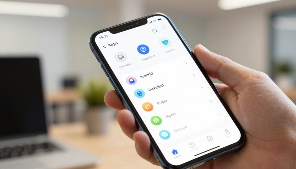 A detailed view of an Android settings screen showcasing installed applications. In the foreground, focus on a modern smartphone held in a professional hand, displaying a user-friendly interface with vibrant app icons. The middle layer highlights the settings menu, emphasizing categories such as "Apps" and "Installed" with a clean, minimalist design. The background features a softly blurred office environment to suggest a professional atmosphere, with subtle lighting that creates a warm and inviting mood. The angle should be slightly tilted, offering a dynamic perspective that draws attention to the screen while keeping the overall feel organized and informative. No text or labels are included, ensuring clarity in visual communication. A detailed view of an Android settings screen showcasing installed applications. In the foreground, focus on a modern smartphone held in a professional hand, displaying a user-friendly interface with vibrant app icons. The middle layer highlights the settings menu, emphasizing categories such as "Apps" and "Installed" with a clean, minimalist design. The background features a softly blurred office environment to suggest a professional atmosphere, with subtle lighting that creates a warm and inviting mood. The angle should be slightly tilted, offering a dynamic perspective that draws attention to the screen while keeping the overall feel organized and informative. No text or labels are included, ensuring clarity in visual communication.