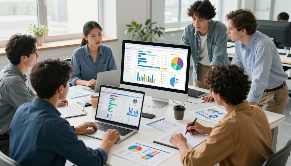 A digital workspace filled with various data analytics tools related to Business Intelligence, featuring a sleek computer monitor displaying colorful data visualizations using Power BI. In the foreground, a diverse group of professionals in smart casual attire – a male data analyst analyzing trends, a female data engineer preparing datasets, and another individual presenting insights from the screen. They are engaged in a collaborative discussion, surrounded by charts, graphs, and data reports scattered across a modern conference table. The background showcases a bright, well-lit office environment with large windows letting in natural light, creating an inspiring atmosphere that reflects innovation and teamwork. The perspective is slightly tilted from above, capturing the dynamic interaction among the team members.