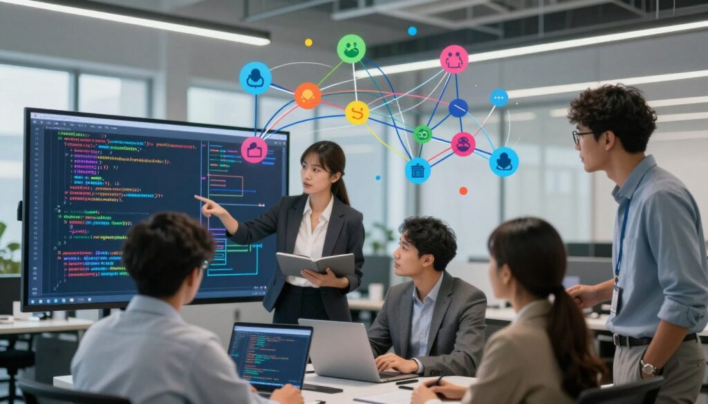A dynamic and engaging visual representation of concurrent programming. In the foreground, a diverse group of professionals, wearing smart business attire, collaborates around a large screen displaying colorful code snippets and flowcharts. In the middle ground, abstract symbols of threading and parallel processes emerge, represented by intertwining lines and nodes, signifying the complex relationships in concurrent systems. The background is a modern office space with soft, diffused lighting that creates a professional yet innovative atmosphere. Capture the mood of teamwork and intellectual exploration, emphasizing the integration of technology and collaboration. Use a slight depth of field to keep the focus on the professionals and the innovative code while softly blurring the background elements. A dynamic and engaging visual representation of concurrent programming. In the foreground, a diverse group of professionals, wearing smart business attire, collaborates around a large screen displaying colorful code snippets and flowcharts. In the middle ground, abstract symbols of threading and parallel processes emerge, represented by intertwining lines and nodes, signifying the complex relationships in concurrent systems. The background is a modern office space with soft, diffused lighting that creates a professional yet innovative atmosphere. Capture the mood of teamwork and intellectual exploration, emphasizing the integration of technology and collaboration. Use a slight depth of field to keep the focus on the professionals and the innovative code while softly blurring the background elements.
