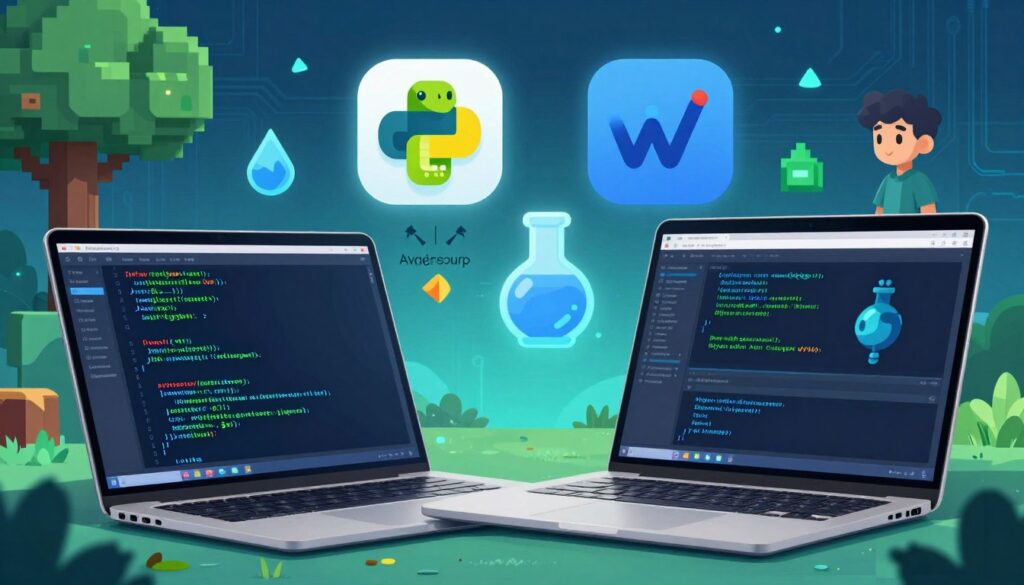 A dynamic illustration of game development concepts using Python and JavaScript. In the foreground, a modern laptop displays lines of code in vibrant green and blue, reflecting a sleek code editor interface. To one side, an animated character, partially in 3D, showcases elements of game design. In the middle ground, icons representing Python (a snake) and JavaScript (a colorful logo) float, surrounded by game-related elements like pixelated trees, potion bottles, and abstract geometric shapes. The background features a tech-inspired landscape with circuit patterns, softly illuminated by cool blue and green lighting, creating a focused, innovative atmosphere. The composition emphasizes creativity and forward-thinking, suitable for aspiring game developers.
