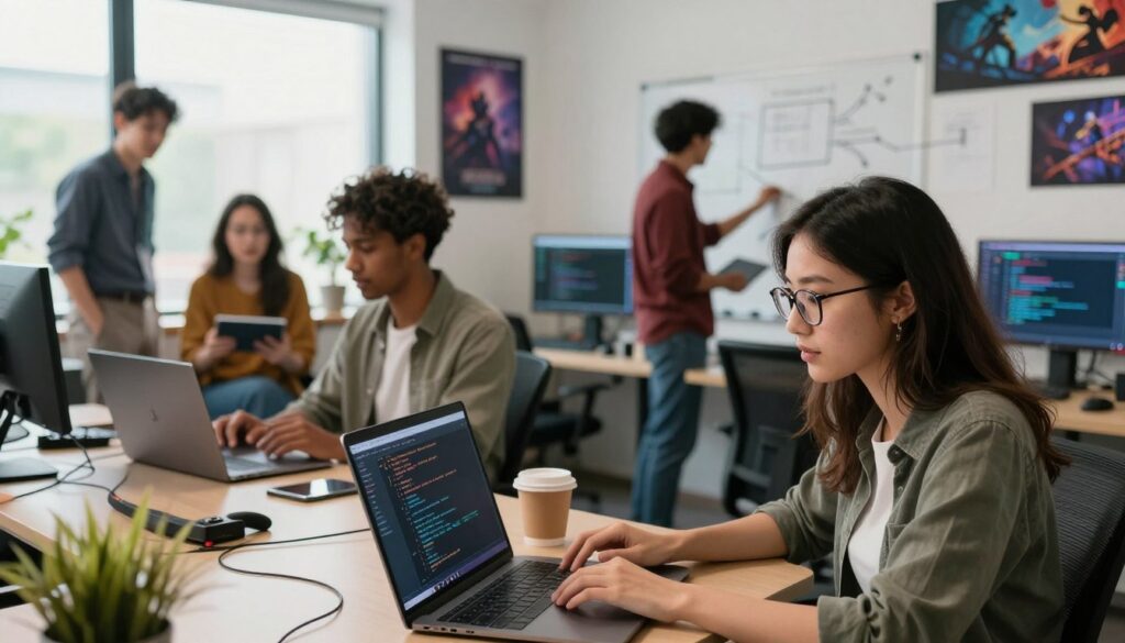 A focused and contemporary scene depicting a diverse group of aspiring game developers immersed in learning programming. In the foreground, a young woman with glasses is intently coding on her laptop, showing a look of concentration, while in the middle ground, a diverse group of individuals are engaged in discussions, some with tablets and others brainstorming with whiteboards covered in diagrams. The background features a modern office space filled with gaming posters, screens displaying code snippets, and engaging artwork, all illuminated by soft, natural light from large windows. The atmosphere is collaborative and inspiring, with a slight tech-savvy vibe that invites creativity and learning in today's dynamic game development landscape.