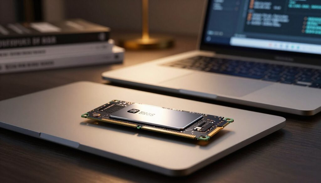 A high-quality depiction of a modern SSD (solid-state drive) designed for a laptop, set in a tech-savvy environment. In the foreground, a sleek and shiny SSD is prominently displayed, with visible details like the brand logo, heat sink, and intricate circuit patterns. The middle ground features a silver laptop partially opened, showcasing its keyboard, with a soft glow emanating from the screen. In the background, a blurred workspace filled with programming books and a digital workspace adds depth, with warm, ambient lighting creating a focused yet inviting atmosphere. Use a shallow depth of field to emphasize the SSD, capturing the essence of technology, efficiency, and performance in programming. The image should feel professional, modern, and engaging.
