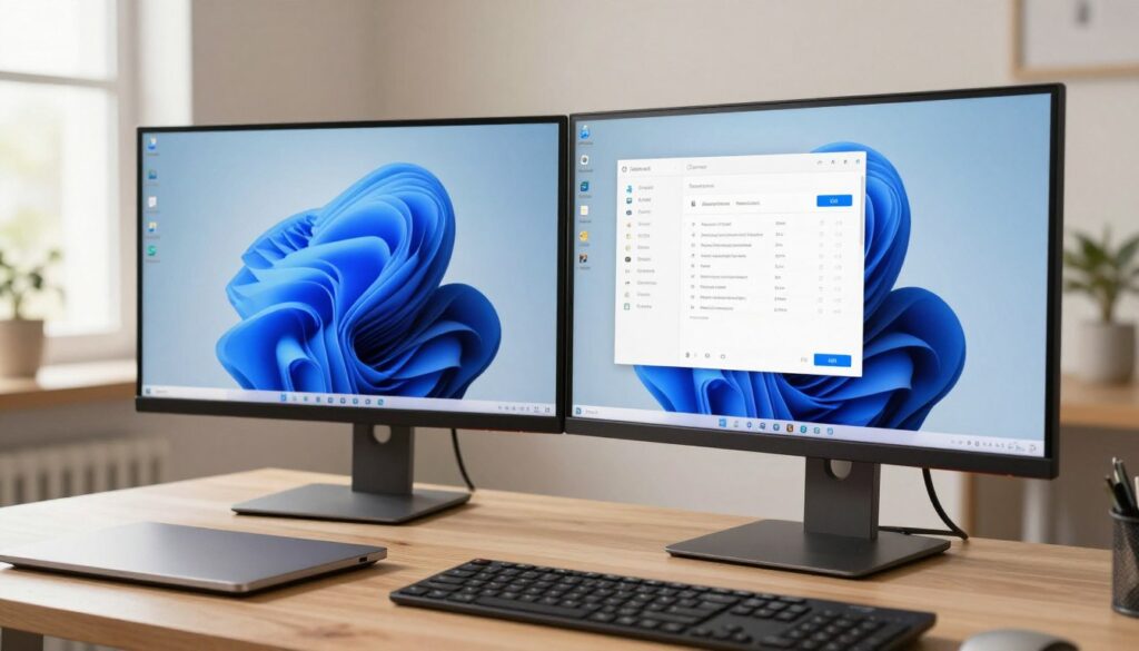A modern computer workspace featuring a Windows 10 and Windows 11 desktop interface on two separate monitors side by side. The foreground includes a sleek laptop and an ergonomic keyboard. In the middle, focus on the vibrant desktop backgrounds displaying application icons with a particular emphasis on startup applications and task manager notifications. The background shows a softly lit room with natural light filtering through a window, highlighting a tidy desk setup with minimal clutter. Utilize a warm color palette to create a professional and inviting atmosphere. Capture the mood of focus and productivity with a shallow depth of field, emphasizing the computer screens while softly blurring the background elements. The composition should evoke a sense of control and organization in managing application startups.