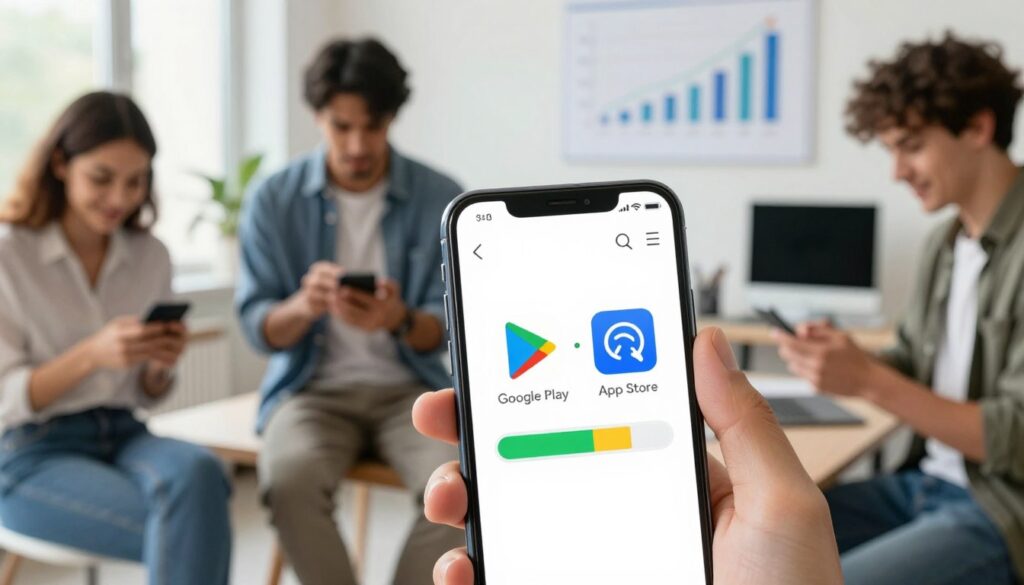 A modern digital interface showcasing automatic application updates in a vibrant, tech-savvy environment. In the foreground, a sleek smartphone displays the Google Play and App Store logos, with a visual representation of an update in progress featuring colorful loading bars. The middle ground reveals diverse users interacting with their devices, casually dressed yet professional, embodying a relaxed yet focused atmosphere. In the background, soft-focus elements of a contemporary office setting with tech gadgets and charts depicting app growth create an engaging context. Bright, natural lighting filters in, lending a sense of freshness and optimism, emphasizing the convenience of automatic updates in enhancing user experience.