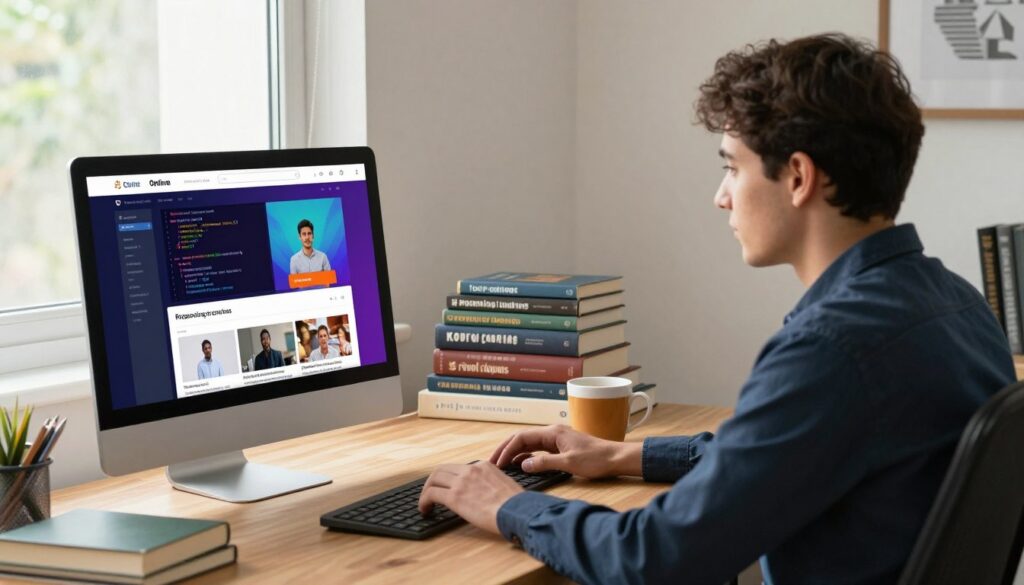 A modern, inviting online learning setup is depicted in a cozy home office environment. In the foreground, a computer displays a vibrant online course interface, complete with coding tutorials and educational resources. A focused individual in professional business attire sits at the desk, their expression conveying concentration. The middle layer showcases books on programming languages, neatly organized beside a warm cup of coffee. In the background, a window lets in soft, natural light, illuminating the space and creating a calm atmosphere. The overall mood is one of productivity and inspiration, reflecting an effective online learning experience that emphasizes flexibility and accessibility in education.