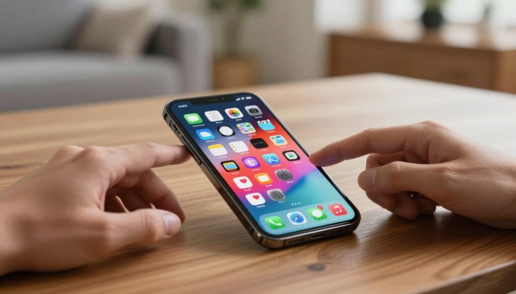 A modern, sleek iPhone lying on a polished wooden table, showcasing its home screen filled with various app icons in a colorful arrangement. In the foreground, a pair of hands gently touching the screen, emphasizing the action of resetting the layout. The middle of the image is focused on the iPhone screen, which displays a visually appealing arrangement of apps, hinting at an interactive environment. The background features a soft blur of a cozy living space, with warm, inviting lighting that creates a calm and productive atmosphere. The mood conveys a sense of order and simplicity, inviting viewers to restore organization to their digital workspace. The composition uses a shallow depth of field with natural lighting, suggesting a fresh start and clarity.
