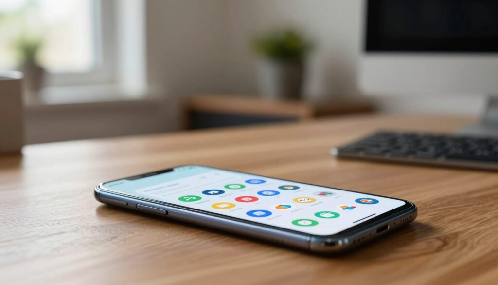 A modern, sleek smartphone displaying an "automatic updates" interface, prominently featuring icons of various popular Android apps. In the foreground, the phone is placed on a wooden desk, with a subtle reflection on the surface highlighting its design. In the middle, colorful app icons appear on the phone screen, some with circular update progress bars, showcasing a sense of activity and technology. The background includes a softly blurred home office environment, with a hint of green plants and a computer setup, creating a cozy yet professional atmosphere. Soft, natural lighting filters through a nearby window, casting gentle shadows. The mood is focused and informative, emphasizing the control and management of app updates. A modern, sleek smartphone displaying an "automatic updates" interface, prominently featuring icons of various popular Android apps. In the foreground, the phone is placed on a wooden desk, with a subtle reflection on the surface highlighting its design. In the middle, colorful app icons appear on the phone screen, some with circular update progress bars, showcasing a sense of activity and technology. The background includes a softly blurred home office environment, with a hint of green plants and a computer setup, creating a cozy yet professional atmosphere. Soft, natural lighting filters through a nearby window, casting gentle shadows. The mood is focused and informative, emphasizing the control and management of app updates.