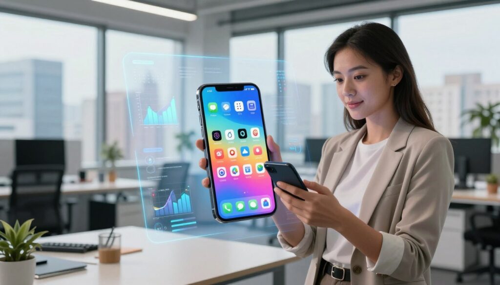 A modern smartphone displaying a colorful interface filled with various mobile application icons, showcasing features like a calendar, fitness tracker, social media, and payment options. In the foreground, a professional woman in smart casual attire is engaged with the phone, her face illuminated by the screen’s light. The middle ground features an office space with a sleek, contemporary desk and digital elements like graphs and analytics projected in a holographic style around her, symbolizing the advantages of mobile apps. The background contains a blurred city skyline through a large window, creating a dynamic and productive atmosphere. The lighting is bright and inviting, emphasizing a sense of innovation and modern living. Use a wide-angle lens to capture the entire scene with clarity and depth.