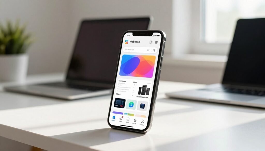 A modern smartphone displaying a vibrant application interface on its home screen in a clean, well-lit workspace. The foreground features the smartphone in crisp detail, showing a colorful app icon representing a website. The middle ground includes a sleek desk with a minimalist design, adorned with a laptop and a potted plant, enhancing the tech-savvy atmosphere. In the background, a softly blurred view of a window with natural light streaming in, casting gentle shadows that create a welcoming ambiance. The lighting is bright yet soft, conveying a sense of productivity and innovation. The overall mood is professional and inspiring, inviting the viewer to engage with the concept of adding web pages as apps.