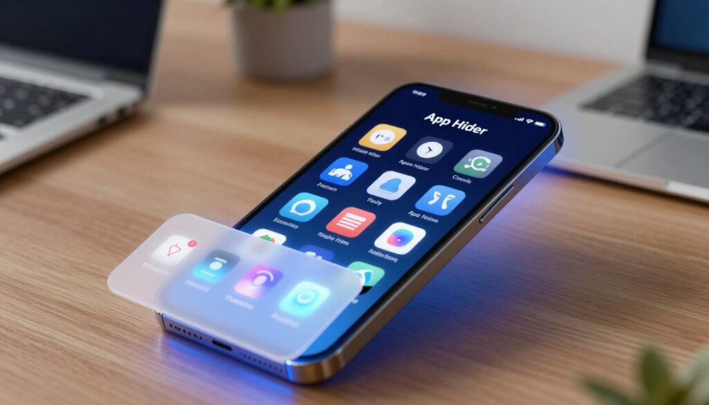 A modern smartphone screen displaying the "App Hider" interface, prominently featuring hidden application icons arranged in a stylish grid layout. In the foreground, a partially open app drawer reveals glowing icons representing social media and utility apps, subtly faded to convey their hidden status. The middle layer shows the phone positioned on a sleek wooden desk, with a soft blue light emanating from the screen, creating an inviting glow. The background is softly blurred, hinting at an organized workspace with minimalistic decor, including a laptop and a plant. The overall atmosphere is tech-savvy and intriguing, emphasizing the theme of uncovering hidden apps, while maintaining a clean, professional aesthetic. The perspective is a slightly elevated angle, capturing the phone's screen as the focal point of the composition.