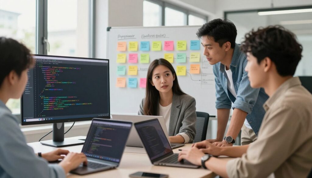 A modern, vibrant software development workspace, filled with open laptops displaying snippets of clean, well-structured code. In the foreground, a diverse group of three professionals—two men and one woman—are engaged in a collaborative discussion, dressed in smart casual attire, analyzing code on a large monitor. The middle section features colorful sticky notes on a whiteboard labeled with key programming concepts and quality assurance terms. In the background, large windows let in natural light, creating a warm, productive atmosphere. The scene captures a sense of teamwork and innovation, emphasizing the importance of code quality, with soft shadows and a slight bokeh effect to highlight the main subjects. A modern, vibrant software development workspace, filled with open laptops displaying snippets of clean, well-structured code. In the foreground, a diverse group of three professionals—two men and one woman—are engaged in a collaborative discussion, dressed in smart casual attire, analyzing code on a large monitor. The middle section features colorful sticky notes on a whiteboard labeled with key programming concepts and quality assurance terms. In the background, large windows let in natural light, creating a warm, productive atmosphere. The scene captures a sense of teamwork and innovation, emphasizing the importance of code quality, with soft shadows and a slight bokeh effect to highlight the main subjects.