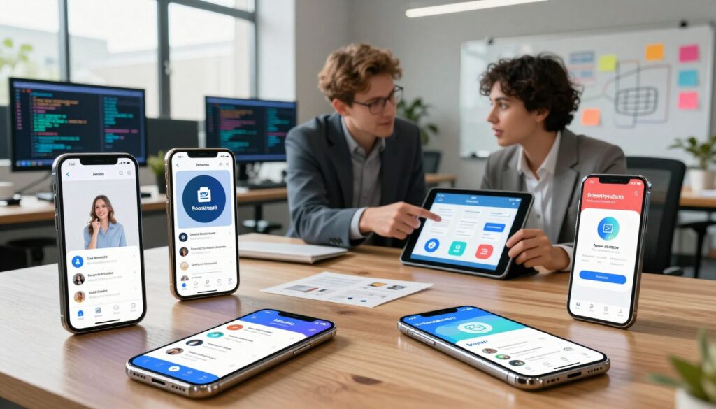 A modern, vibrant workspace showcasing various types of mobile applications according to their technology. In the foreground, sleek smartphones display different app interfaces: social media, e-commerce, and productivity apps. In the middle, a character dressed in professional business attire is engaged in a discussion, pointing at a digital tablet that illustrates app functionalities. The background features a stylish, tech-oriented office with programming code on screens, and lively brainstorming elements like whiteboards with diagrams. Natural light filters in through large windows, creating an energetic and inspiring atmosphere that reflects innovation in mobile technology. The overall mood is dynamic and collaborative, perfect for illustrating the practical implications of mobile applications.