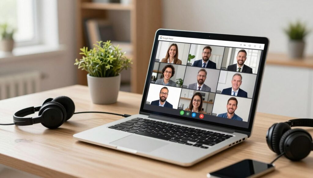 A modern virtual meeting setup featuring a laptop displaying the Google Meet interface, showing a grid of professional participants in a video call. In the foreground, an organized desk with essential tech gadgets like a microphone and headphones, suggesting a productive environment. The middle ground includes a softly lit background with a potted plant and a bookshelf, adding a touch of warmth and professionalism. Natural light spills in from a nearby window, creating a bright, inviting atmosphere. The angle of the shot is slightly tilted to capture both the laptop screen and the workspace ambiance. The mood is focused and collaborative, emphasizing the organization and functionality of a successful meeting setup.