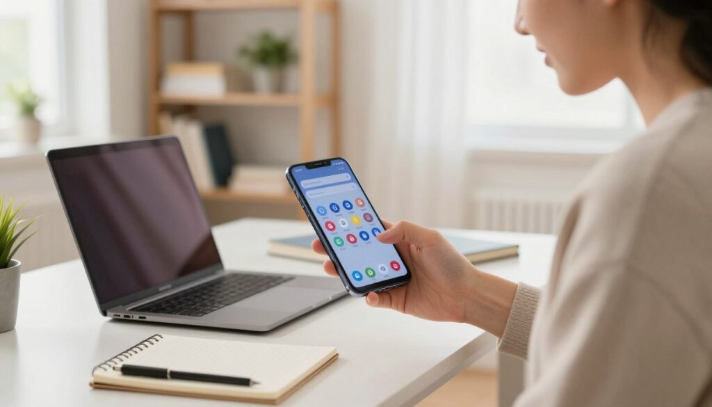 A person in a modern home office setting, focused on a Samsung smartphone while managing application lock settings. In the foreground, the smartphone displays a user-friendly interface with an array of app icons, some with visible lock symbols. The middle ground features a stylish desk with a laptop and a notepad. Bright, natural lighting pours through a nearby window, creating a warm and productive atmosphere. The background includes soft shelves stocked with books and plants, adding a touch of coziness. The individual is casually dressed in a comfortable yet professional manner, looking determined and knowledgeable as they navigate the settings on the mobile device. The overall mood is empowering and technology-oriented. A person in a modern home office setting, focused on a Samsung smartphone while managing application lock settings. In the foreground, the smartphone displays a user-friendly interface with an array of app icons, some with visible lock symbols. The middle ground features a stylish desk with a laptop and a notepad. Bright, natural lighting pours through a nearby window, creating a warm and productive atmosphere. The background includes soft shelves stocked with books and plants, adding a touch of coziness. The individual is casually dressed in a comfortable yet professional manner, looking determined and knowledgeable as they navigate the settings on the mobile device. The overall mood is empowering and technology-oriented.