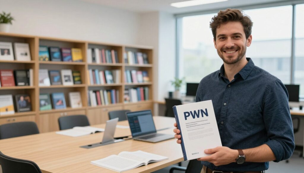 A professional and visually engaging depiction of a scholarly publishing house, PWN. In the foreground, a proud representative holding a freshly published hardcover book featuring a prominent ISBN on its spine, symbolizing academic rigor. In the middle ground, a well-lit office environment with sleek bookshelves filled with various scientific publications that reflect a diversity of subjects. A large conference table is adorned with open manuscripts and digital devices, indicating a collaborative work atmosphere. The background features large windows with natural light streaming in, creating an inviting and productive mood. The scene should be captured from a slight angle to give depth, emphasizing professionalism and the importance of knowledge sharing in programming and research. A professional and visually engaging depiction of a scholarly publishing house, PWN. In the foreground, a proud representative holding a freshly published hardcover book featuring a prominent ISBN on its spine, symbolizing academic rigor. In the middle ground, a well-lit office environment with sleek bookshelves filled with various scientific publications that reflect a diversity of subjects. A large conference table is adorned with open manuscripts and digital devices, indicating a collaborative work atmosphere. The background features large windows with natural light streaming in, creating an inviting and productive mood. The scene should be captured from a slight angle to give depth, emphasizing professionalism and the importance of knowledge sharing in programming and research.