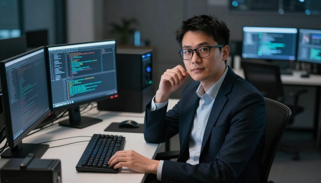 A professional-looking male figure, reminiscent of Gynvael Coldwind, is seated at a sleek, modern desk cluttered with high-tech gadgets and monitors displaying code snippets. He has short black hair, wear glasses, and is dressed in a smart casual shirt and blazer, exuding an air of confidence and expertise in cybersecurity. The background features a dimly lit, contemporary office space filled with digital screens and a soft glow from ambient lighting, creating a focused yet relaxing atmosphere. The camera angle is slightly above eye level, capturing both his thoughtful expression and the busy workspace. The overall mood is one of intelligence and determination, reflecting the depth of knowledge in programming and security. A professional-looking male figure, reminiscent of Gynvael Coldwind, is seated at a sleek, modern desk cluttered with high-tech gadgets and monitors displaying code snippets. He has short black hair, wear glasses, and is dressed in a smart casual shirt and blazer, exuding an air of confidence and expertise in cybersecurity. The background features a dimly lit, contemporary office space filled with digital screens and a soft glow from ambient lighting, creating a focused yet relaxing atmosphere. The camera angle is slightly above eye level, capturing both his thoughtful expression and the busy workspace. The overall mood is one of intelligence and determination, reflecting the depth of knowledge in programming and security.
